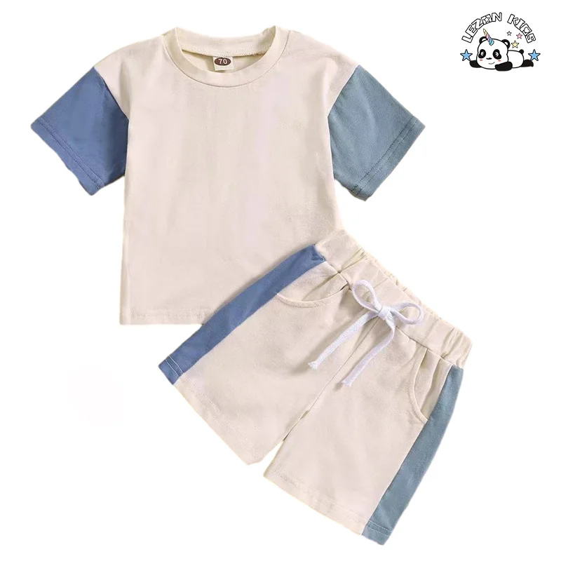 LEZONKIDS - New Fashion Kid Suit Solid Color Block Boy Set Short Sleeve T Shirt Shorts 2 Piece Child Jogger Set